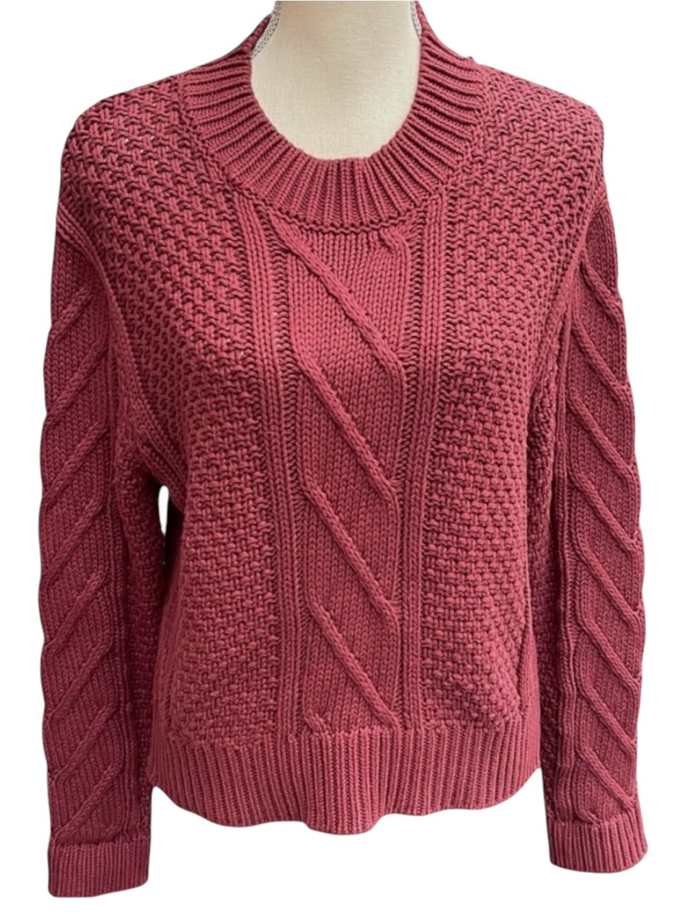 Jackson Rowe Mulled Wine Cotton Neptune Cable Knit Crew Neck Sweater (XS)